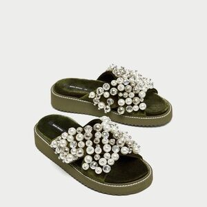 ZARA Velvet Platform Pearl Beaded Sandals